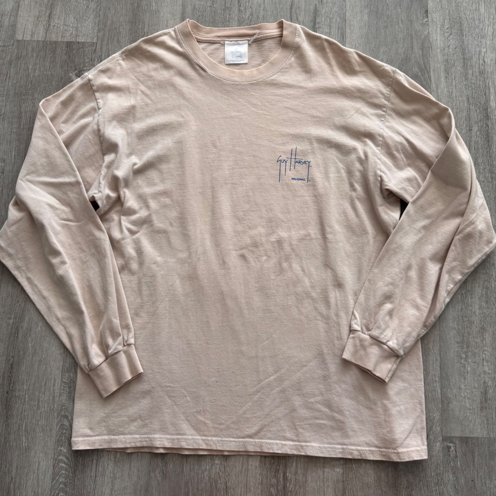 Vintage Guy Harvey Mens Long Sleeve Snook Fishing T-Shirt Tan Graphic Tee Large